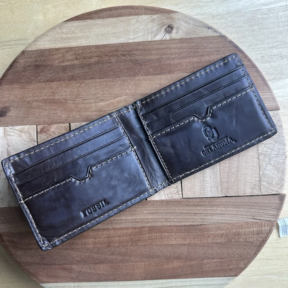Fossil University Of Oklahoma Bifold Wallet Money Clip Credit Card Slots Brown